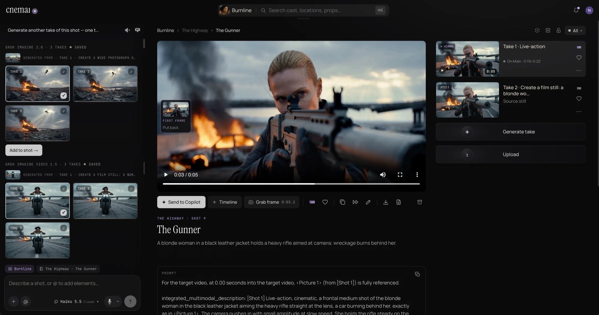 Burnline in the studio: the Copilot's takes on the left, and the shot page for The Gunner with its first frame, the take playing, and its stills and video takes listed beside it