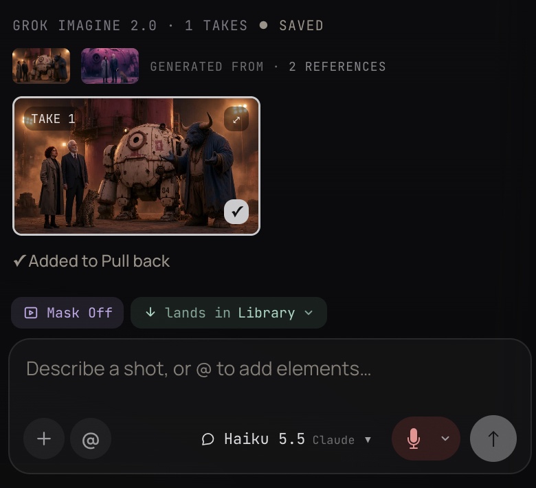 The Copilot panel: a take generated from two references, added to the shot Pull back, above the composer with Claude Haiku 5.5 selected