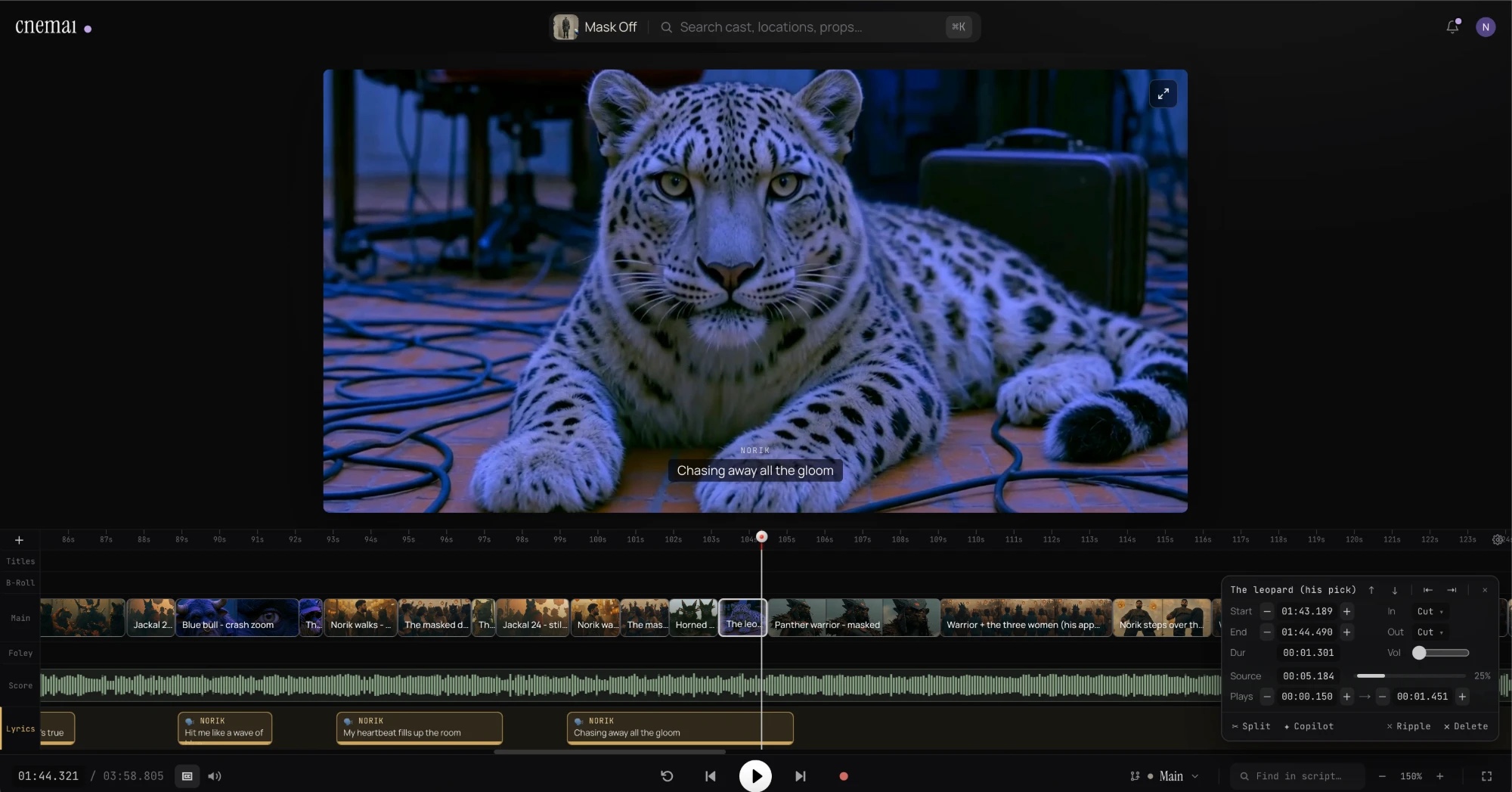 The Cnemai timeline on Face Masks Off: a snow leopard shot in the player under the sung line Chasing away all the gloom, takes on the Main lane, the song's waveform on Score, lyrics below, and the clip inspector open