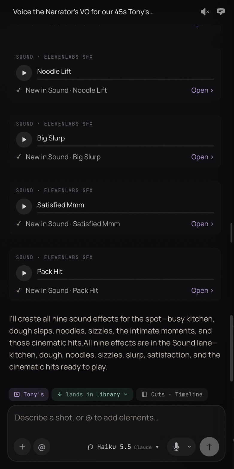 The Copilot on Tony's Noodles: sound effects named Noodle Lift, Big Slurp, Satisfied Mmm and Pack Hit, each new in the Sound lane, with the Copilot's summary of all nine