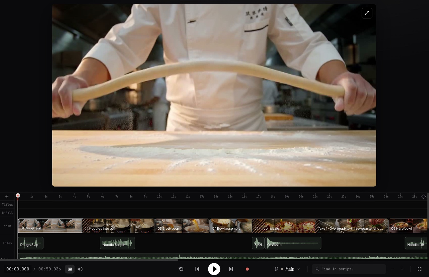 Tony's Noodles on the studio timeline: the player above the Main, Foley and Ambience lanes, with clips named Dough pull, Noodles into boil, Broth pour and Hero bowl
