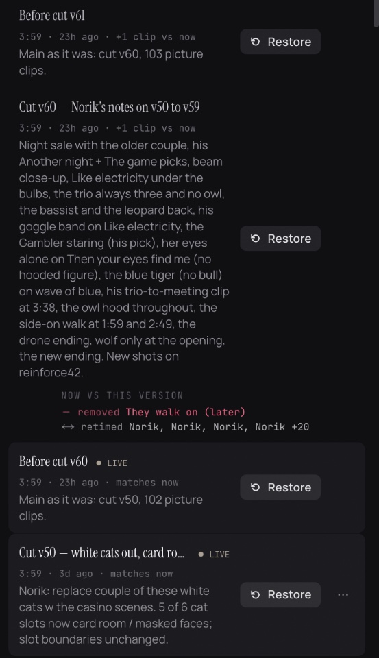 Mask Off's version history: cut v60 with its notes, a comparison against the live cut showing a removed clip and retimed clips, and Restore on every version
