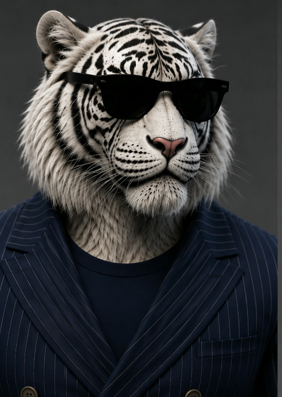 Max — a white tiger in sunglasses and a navy pinstripe suit